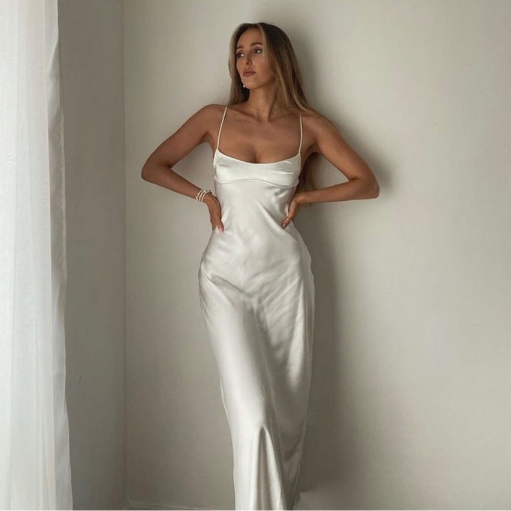 Zara Ivory Satin Effect Cut Out Midi Dress S NWT
